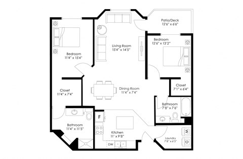 Floor plan for 2 beds, 2 baths, 1205 sqft
